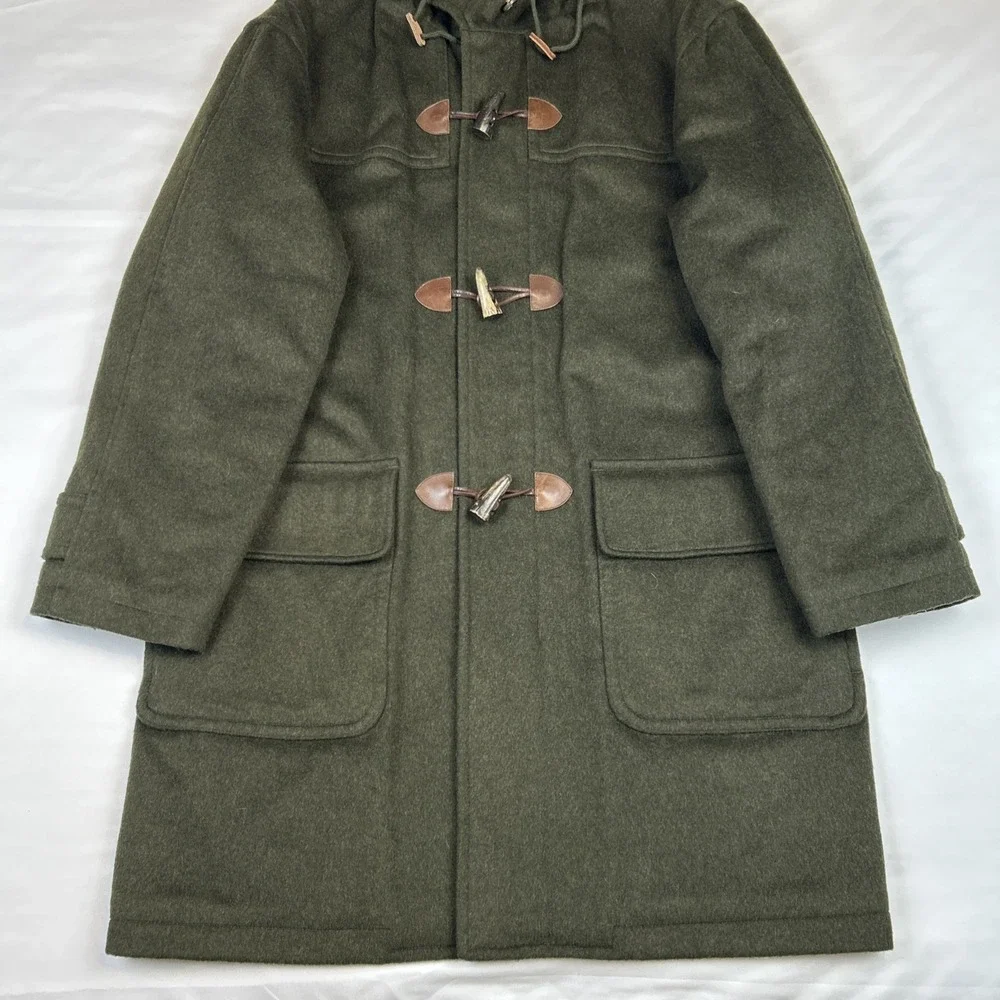 Vintage Lands End Toggle Men's Sz L Hooded Coat Wool Quilt Lined Duffle Pischl - Picture 2 of 15